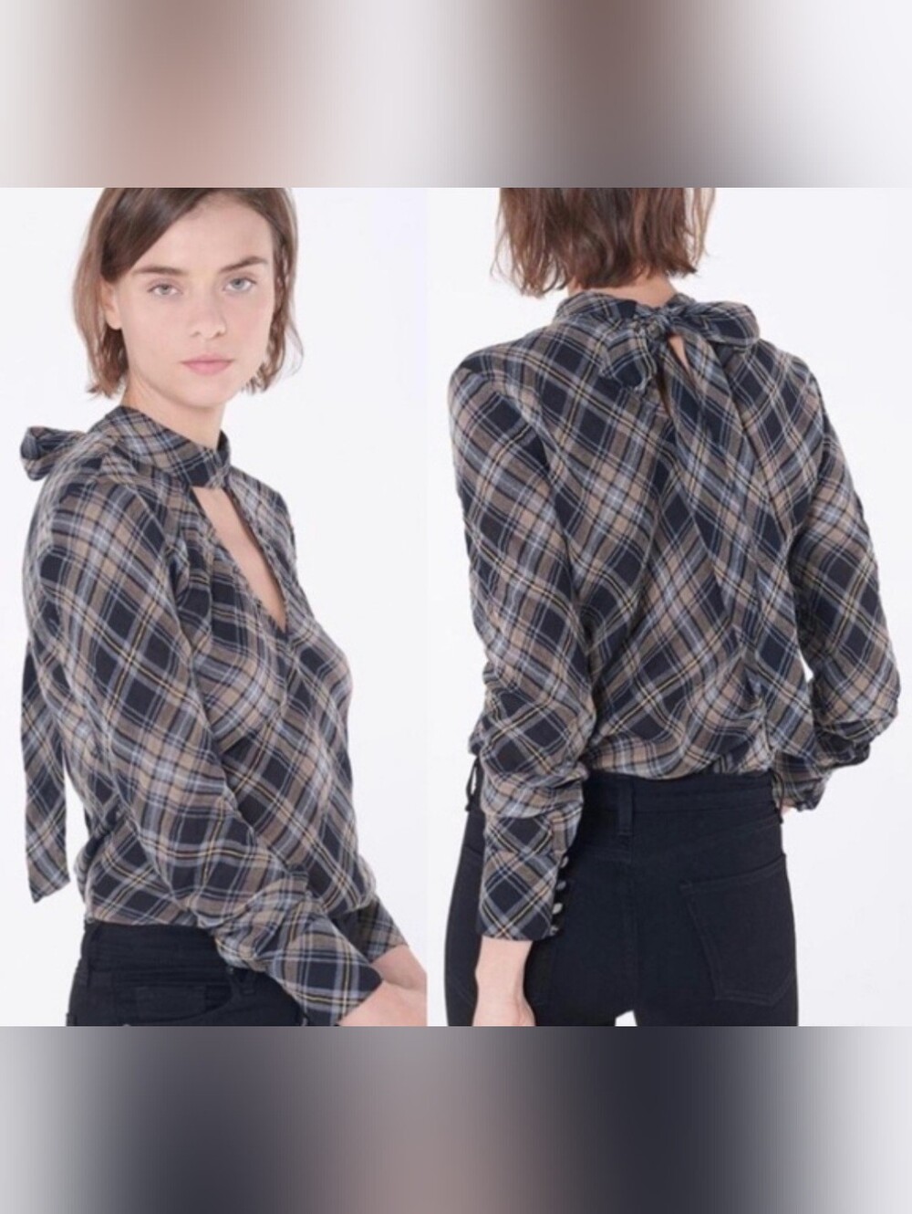 Veronica Beard Wade Metallic Plaid Top Long Sleeve Blouse